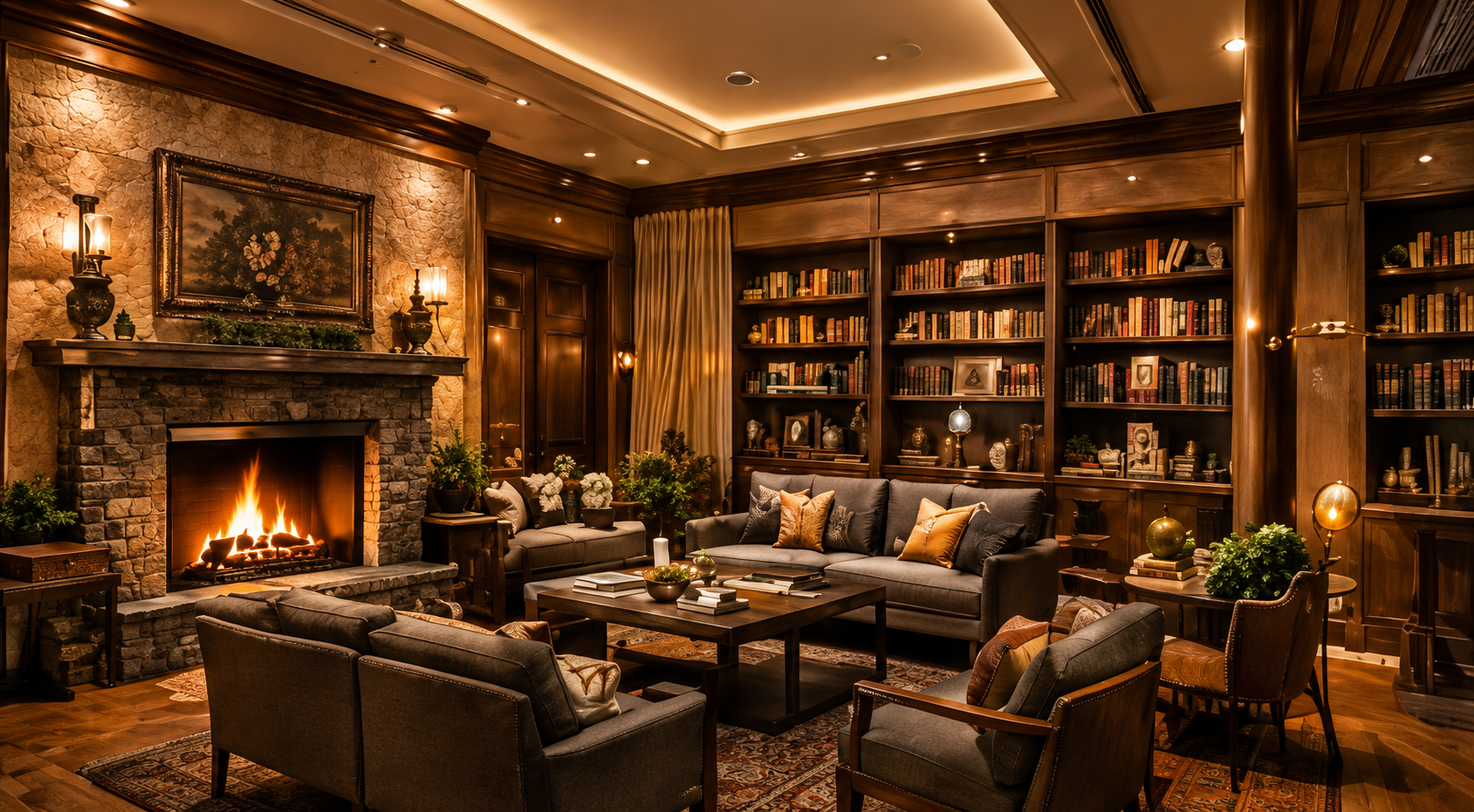Fireplace Lounge with Bookshelves